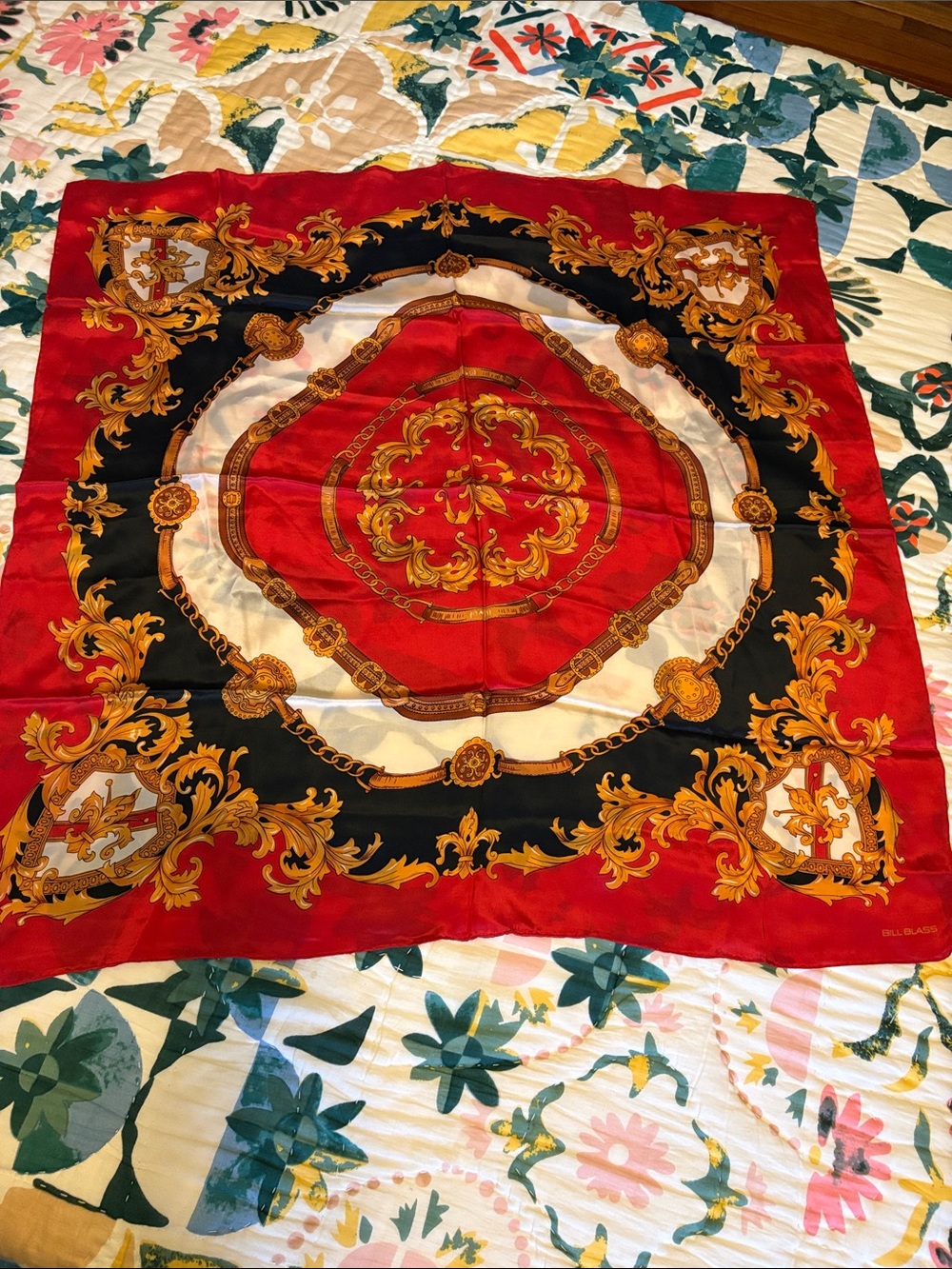 Bill Blass Red and Gold Baroque Silk Scarf